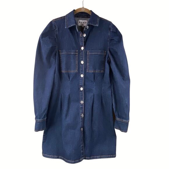 Na-kd Denim Dress With Puff Sleeves Size Medium Button Front - Picture 1 of 9